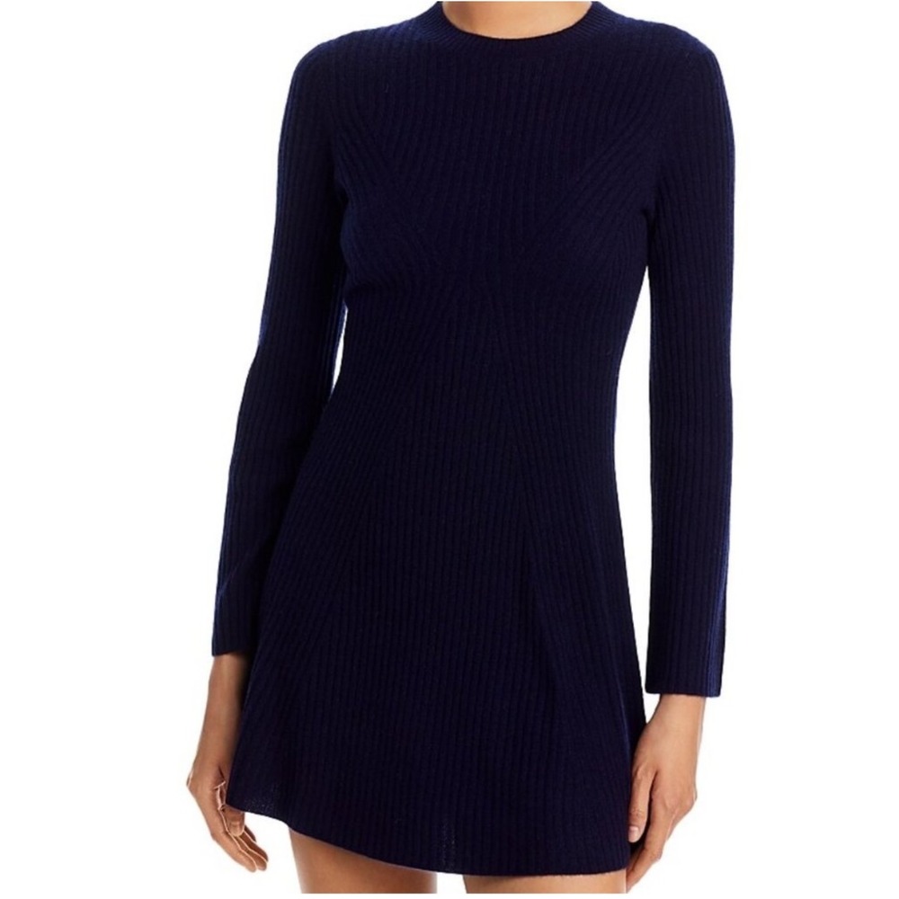 Aqua Cashmere Ribbed Mini Dress Navy 100% Cashmere Long Sleeves Size Large